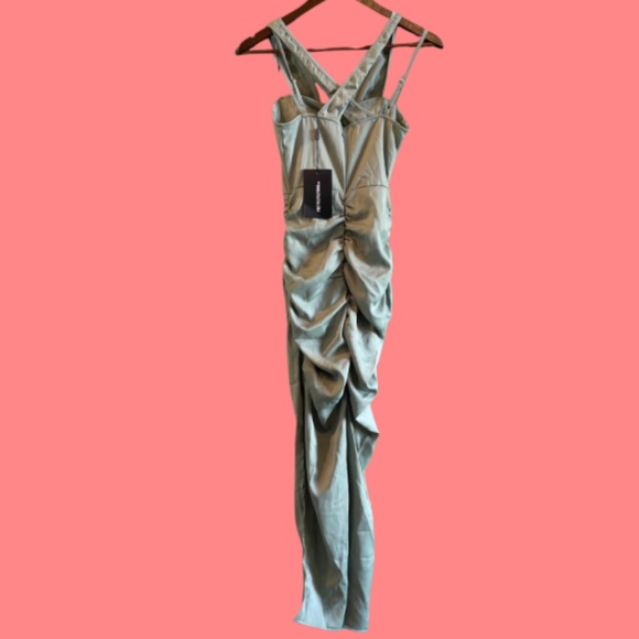 Sage Green Satin Cross Back Ruched Corset Midi Dress - Picture 9 of 9